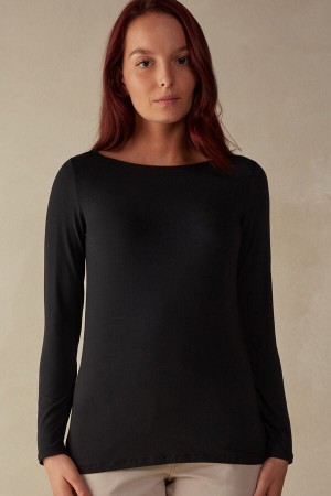 Intimissimi Bateau Neck Top in Micromodal Langermet Dame Svarte | NOHK4236