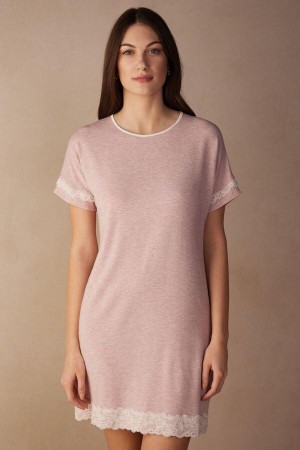 Intimissimi Blonder Trim Kort Sleeve Nightgown Pyjamas Dame Lyse Rosa | NOSO3842