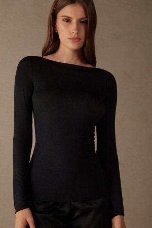Intimissimi Båt Neck Modal Cashmere Ultralight Top Langermet Dame Svarte | NOAP4259