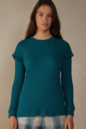 Intimissimi Cozy Mountains Long Sleeve Ribbet Top Pyjamas Dame Grønn | NOHK3897
