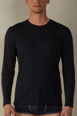 Intimissimi Crew-Neck Merino-Ull Top Langermet Herre Blå | NOHK3119