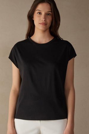 Intimissimi Crew Neck Top in Supima® Ultrafresh cotton Short Sleeve Dame Svarte | NOWY4198