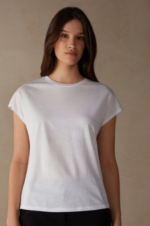 Intimissimi Crew Neck Top in Supima® Ultrafresh cotton Short Sleeve Dame Hvite | NOEX4197