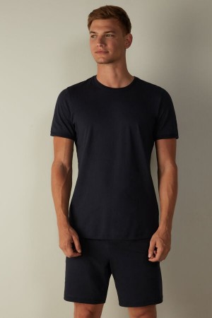 Intimissimi Cropped Basic Supima® Bomull Pyjamas Herre Blå | NOQZ3135