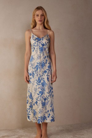 Intimissimi Feeling Beautiful Long Satin Nightgown Dameundertøy Dame Hvite Blå | NOHK4105