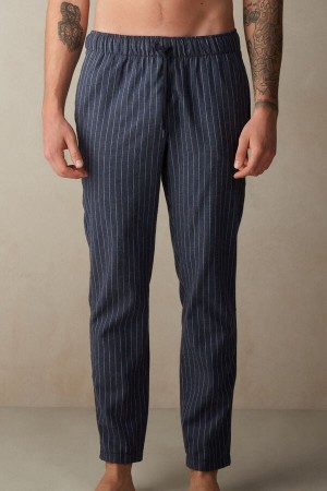Intimissimi Full Length Pants in Denim Pinstripe Patterned Brushed Cloth Pyjamas Herre Blå | NOEX3177