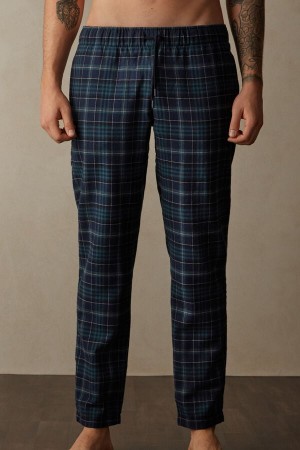 Intimissimi Full Length Pants in Green and Blue Plaid Brushed Cloth Pyjamas Herre Grønn Blå | NOMA3180