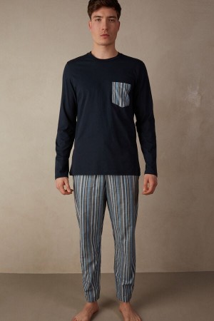 Intimissimi Full Length in Stripete Bomull Pyjamas Herre Blå | NONB3137