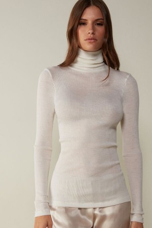 Intimissimi High-Neck Tubular Top in Ull and Silk Langermet Dame Hvite | NOGL4255