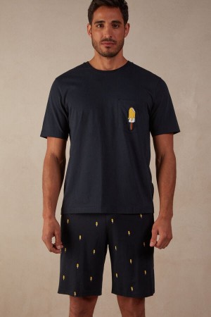 Intimissimi Ice Cream Print Kort Bomull Pyjamas Herre Blå Pisket Krem | NOYU3174