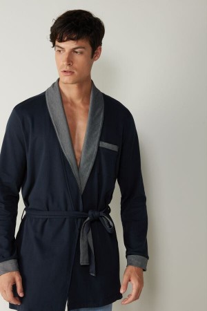 Intimissimi Interlock Bomull Smoking Jacket Pyjamas Herre Blå | NOUT3173