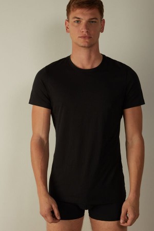 Intimissimi Kort-Sleeve Crew-Neck T-Shirt in Extra-Fine Supima® Bomull Pyjamas Herre Svarte | NOGL3165