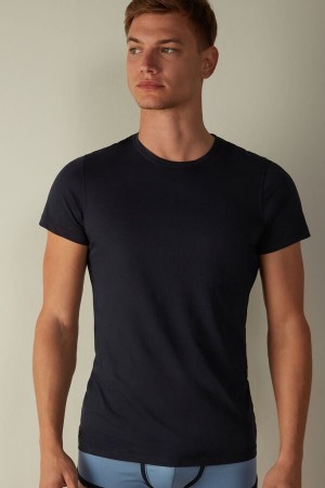Intimissimi Kort-Sleeve Crew-Neck T-Shirt in Extra-Fine Supima® Bomull Pyjamas Herre Blå | NOJJ3163