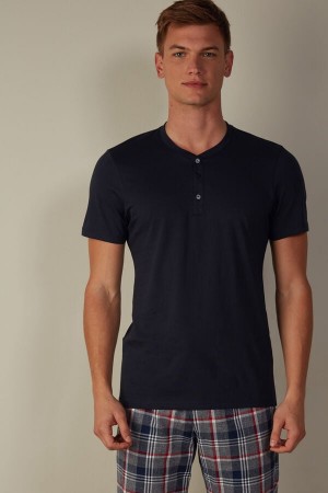 Intimissimi Kort-Sleeved Supima® Bomull Shirt Pyjamas Herre Blå | NOFM3166