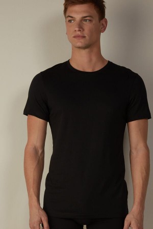 Intimissimi Kort Sleeve Crew Neck T Shirt in Supima® Bomull Pyjamas Herre Svarte | NOLH3161
