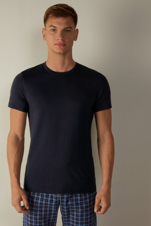 Intimissimi Kort Sleeve Crew Neck T Shirt in Supima® Bomull Pyjamas Herre Blå | NOTV3149