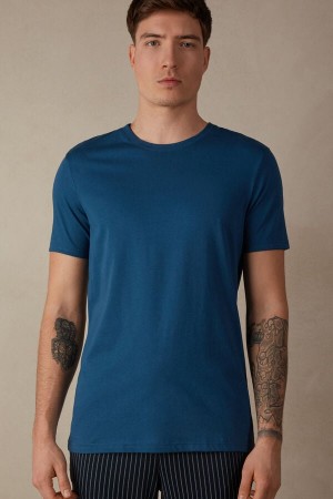 Intimissimi Kort Sleeve Crew Neck T Shirt in Supima® Bomull Pyjamas Herre Hvite Blå | NOYU3148