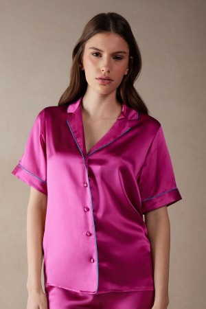 Intimissimi Kort Sleeve Silk Shirt with Contrast Trim Pyjamas Dame Rosa | NOFM3951