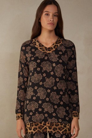 Intimissimi Lady Animalier Long Sleeve Modal Top Pyjamas Dame Svarte | NOFM3899