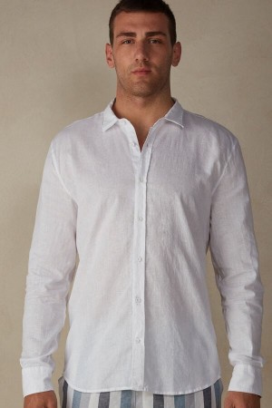 Intimissimi Linen and Bomull Shirt Langermet Herre Hvite | NOYU3103