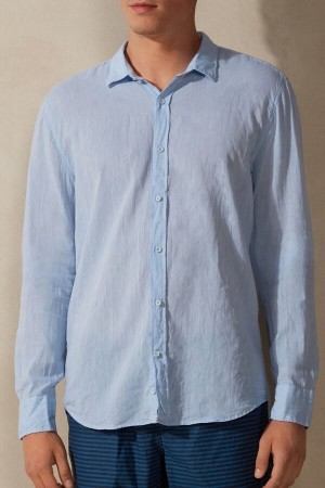 Intimissimi Linen and Bomull Shirt Langermet Herre Lyse Blå | NOIS3101