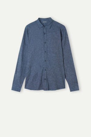 Intimissimi Linen and Bomull Shirt Langermet Herre Blå | NOOR3100