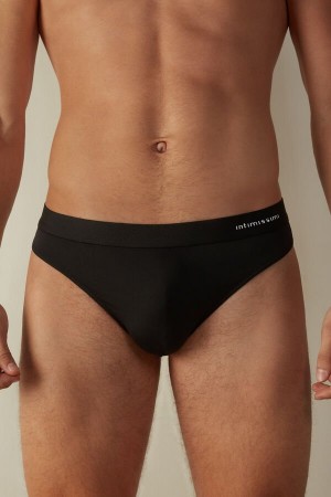Intimissimi Logo Detailed Microfiber Thong Truser Herre Svarte | NODN3380