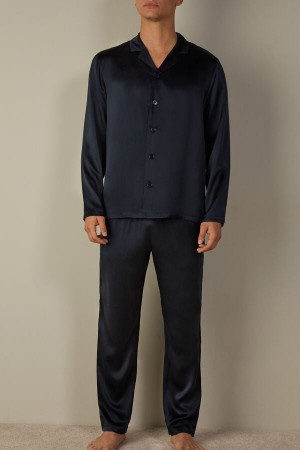 Intimissimi Long Silk Piped Pyjamas Herre Blå | NODN3141