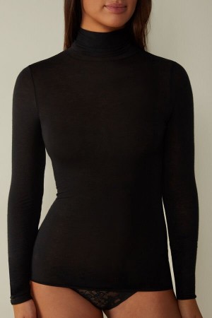 Intimissimi Modal Cashmere Ultralight High-Neck Top Langermet Dame Svarte | NOFM4256