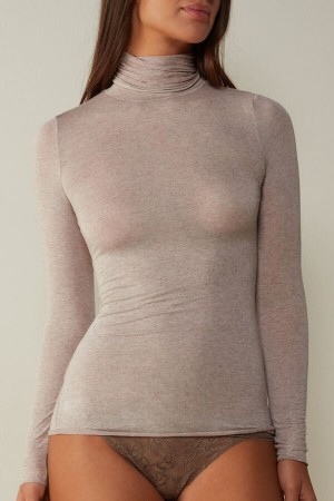 Intimissimi Modal Cashmere Ultralight High-Neck Top Langermet Dame Beige | NONB4253