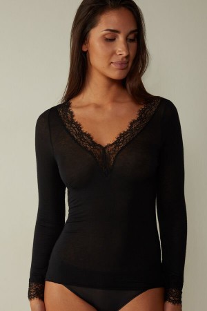 Intimissimi Modal Cashmere Ultralight Long Blonder Shirt Langermet Dame Svarte | NOEX4249