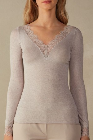 Intimissimi Modal Cashmere Ultralight Long Blonder Shirt Langermet Dame Beige | NOVD4228