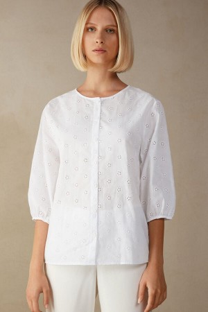 Intimissimi Morning Feelings Shirt in Plain Weave Bomull Langermet Dame Hvite | NODN4239