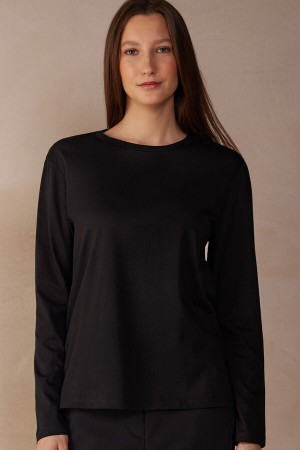 Intimissimi Oversized Top in Supima® Bomull Langermet Dame Svarte | NOYU4219