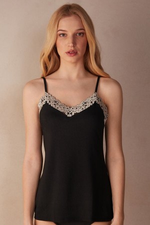 Intimissimi Pretty Flowers Modal Tank Top Dame Svarte Hvite | NOWY4354