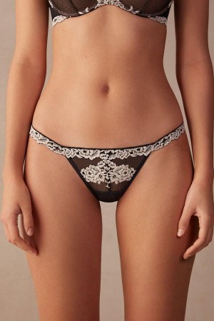 Intimissimi Pretty Flowers String Thong Truser Dame Svarte Hvite | NOVD3760