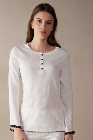 Intimissimi Pure Joy Long Sleeve Henley Top Pyjamas Dame Hvite | NOLH3920