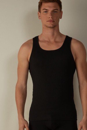 Intimissimi Ribbet Supima Bomull Tank Top Herre Svarte | NOLH3019