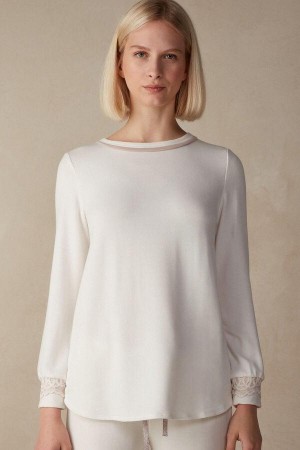Intimissimi Romantic Bedroom Top in Modal with Ull Pyjamas Dame Hvite Rosa | NOOR3904
