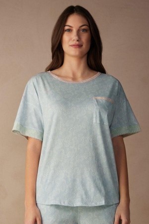Intimissimi Romantic Cashmere Kort Sleeve Bomull Top Pyjamas Dame Lyse Blå | NOOR3956