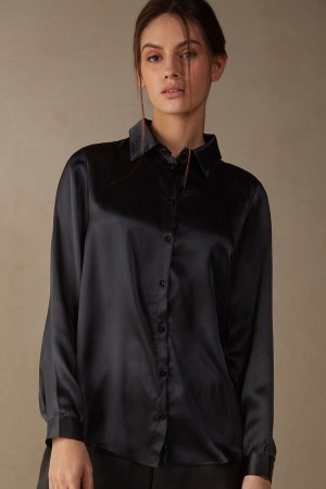 Intimissimi Silk Shirt Langermet Dame Svarte | NOOR4243