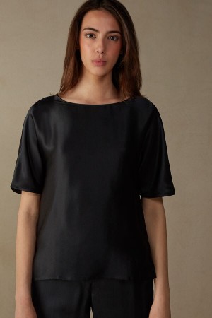 Intimissimi Silk and Modal Top Short Sleeve Dame Svarte | NOGL4203