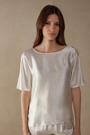 Intimissimi Silk and Modal Top Short Sleeve Dame Hvite | NOHK4202
