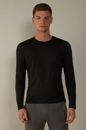 Intimissimi Stretch Supima Bomull Top Langermet Herre Svarte | NOUT3129