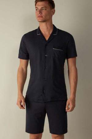 Intimissimi Supima Bomull Button-Front Cropped Pyjamas Herre Blå | NOWY3134