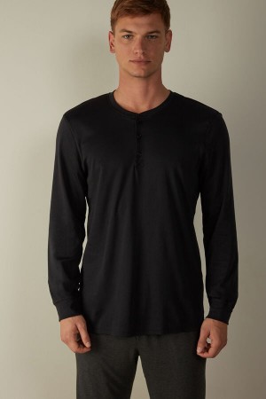 Intimissimi Supima Interlock Long-Sleeve Top Pyjamas Herre Svarte | NOCE3158