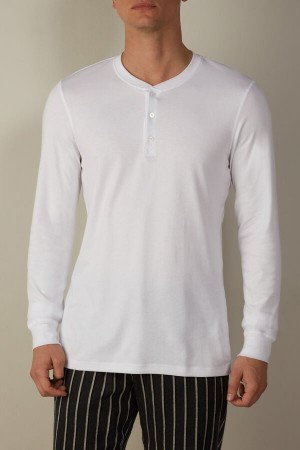 Intimissimi Supima Interlock Long-Sleeve Top Pyjamas Herre Hvite | NOVD3157