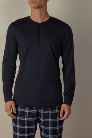 Intimissimi Supima Interlock Long-Sleeve Top Pyjamas Herre Blå | NOBC3156