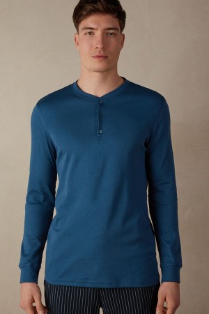 Intimissimi Supima Interlock Long-Sleeve Top Pyjamas Herre Hvite Blå | NOUT3147