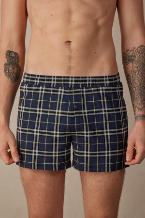 Intimissimi Tartan Patterned Bomull Jersey Relaxed Fit Boxer Herre Blå Gul | NOHK3429
